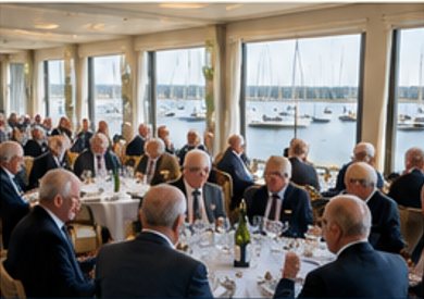 Members seated along a long table at a monthly Probus luncheon, with yachts on the River Crouch outside the window