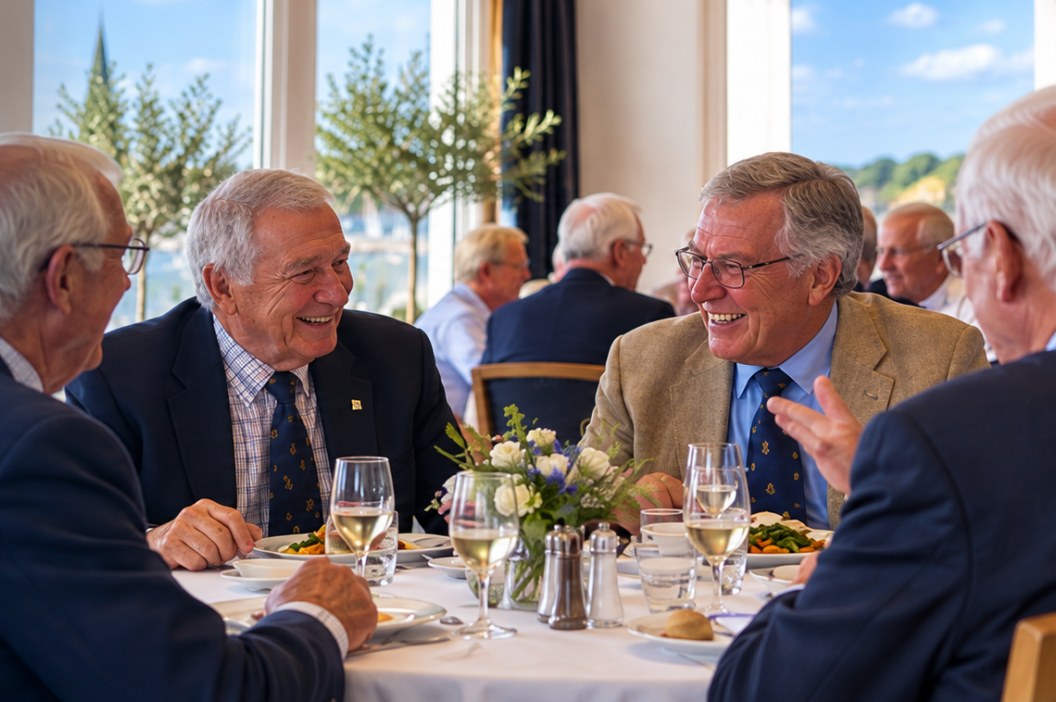 Members of Dengie Hundred Probus Club sharing a joke over lunch at the Royal Corinthian Yacht Club, Burnham on Crouch
